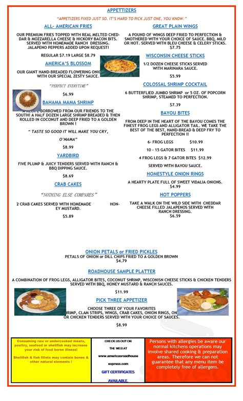 America's Roadhouse Express menu in Asheboro, North Carolina, USA