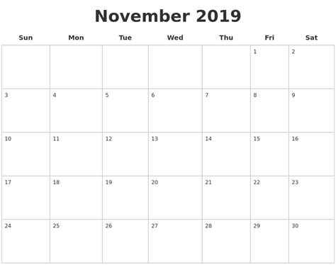 November 2019 Blank Calendar Pages