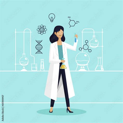 Female Scientist In Lab Checking Chemical Reaction From Beaker Vector