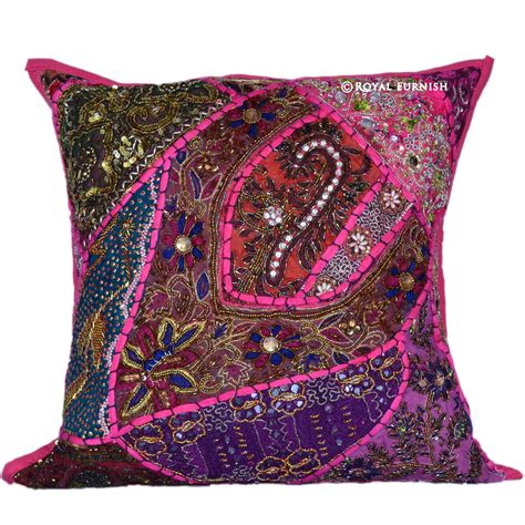 16 Pink Beads And Patchwork Embroidered Indian Throw Pillow Cushion