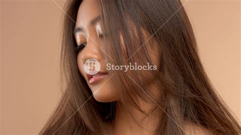 Thai Asian Japanese Model Closeup Portrait With Hair Covered Her Face