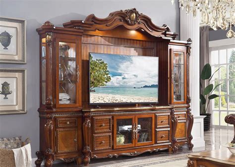 Traditional Tv Entertainment Center Carved Wood Wall Unit Cherry Oak Finish