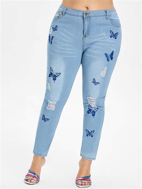 30 OFF Plus Size Butterfly Embroidered Ripped Jeans Rosegal