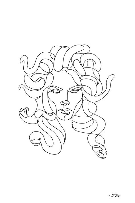 Medusa Greek Mythology One Line Drawing Feminine Continuous Lines Minimalist Artwork Face