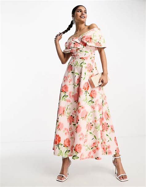 True Violet Folded Midi Prom Dress In Peach Floral Print Asos