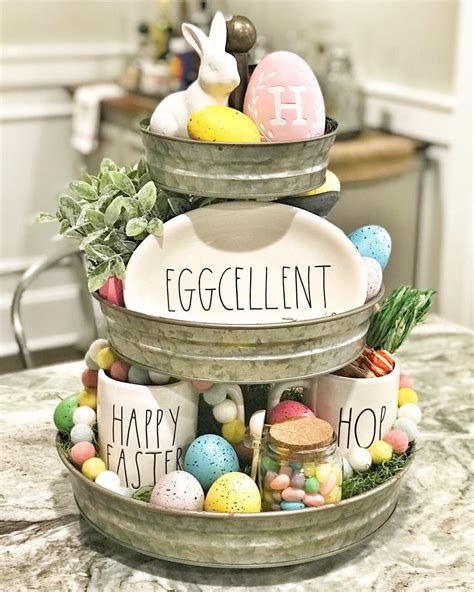 Easter Themed Galvanized Tiered Tray With Images Diy Easter Decorations Easter Decorations