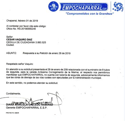 Respuesta Derecho De PeticiÓn Para Cesar Vaquiro Diaz Empochaparral
