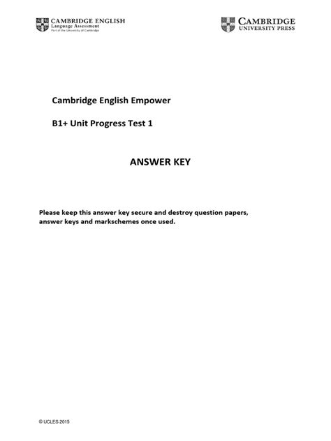Cambridge English Empower B1 Answer - Cambridge English Empower B1+ Unit Progress Test 1: Answer Key