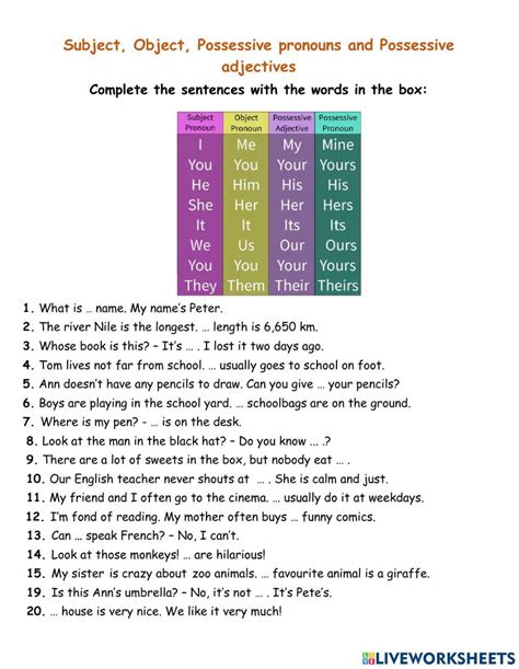 Grammar Online Subject Object Adjective Worksheet Possessive