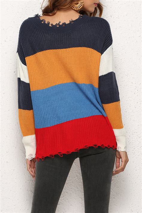 Lovely Casual Color Lump Patchwork Navy Blue Knitting Sweaterssweaters