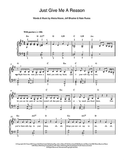 Pink Just Give Me A Reason Feat Nate Ruess Sheet Music Notes