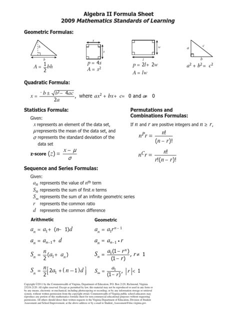 2009 Sol Formula Sheet Algebra2 Pdf Pdf Mean Integer