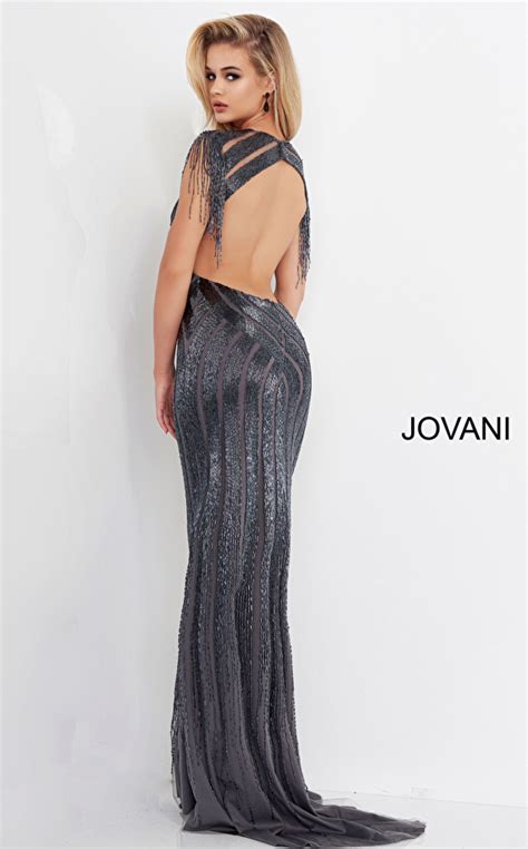 Jovani 40900 Nude Silver Beaded Fringe Fitted Gown