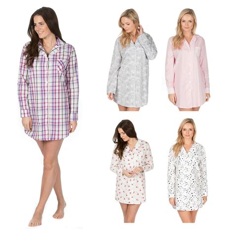 Ladies Womens Woven Cotton Nightshirt Button Up Long Sleeve Patterned