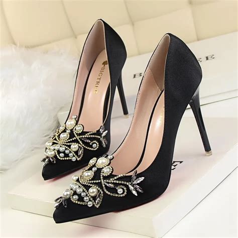 women sexy party shoes vintage 10cm high heels shoes elegant pointed toe satin pearl pumps