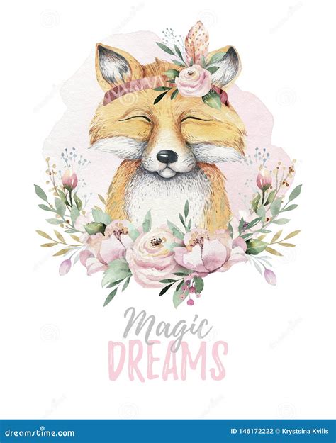 Watercolor Cartoon Isolated Cute Baby Fox Animal With Flowers Forest