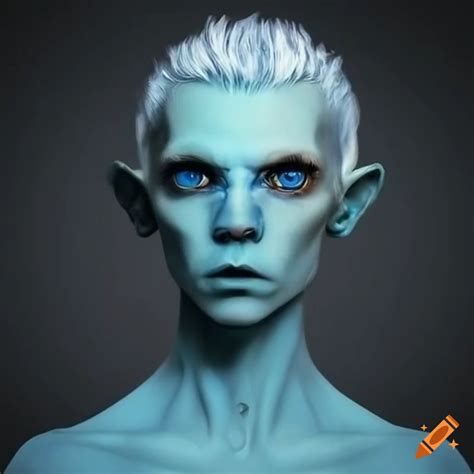 Short White Haired Blue Skinned Humanoid Alien Man With Pointed Ears On Craiyon