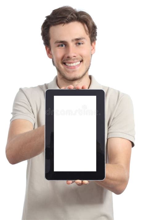 Young Man Holding And Showing A Blank Tablet Display App Stock Photo