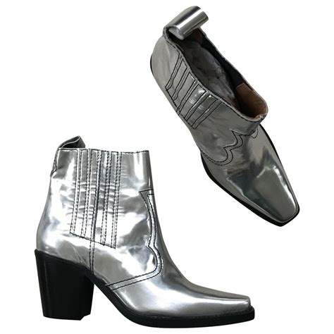 Ganni Leather Western Ankle Boots Silver In Metallic Save 47 Lyst
