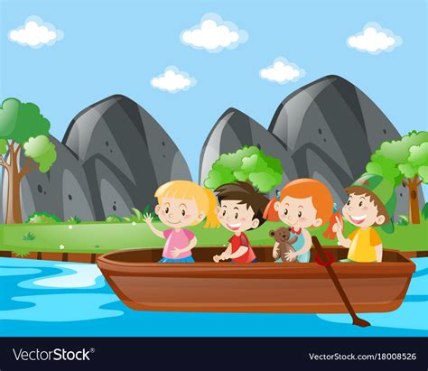 Four Kids Rowing Boat Along The River Royalty Free Vector