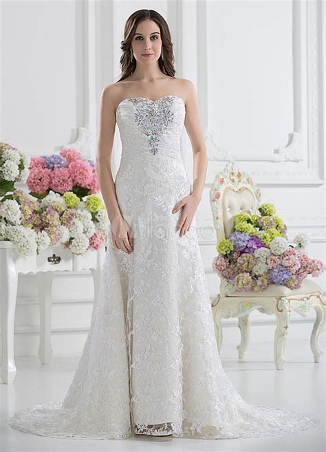 Ivory A Line Sweetheart Neck Lace Rhinestone Bridal Wedding Gown