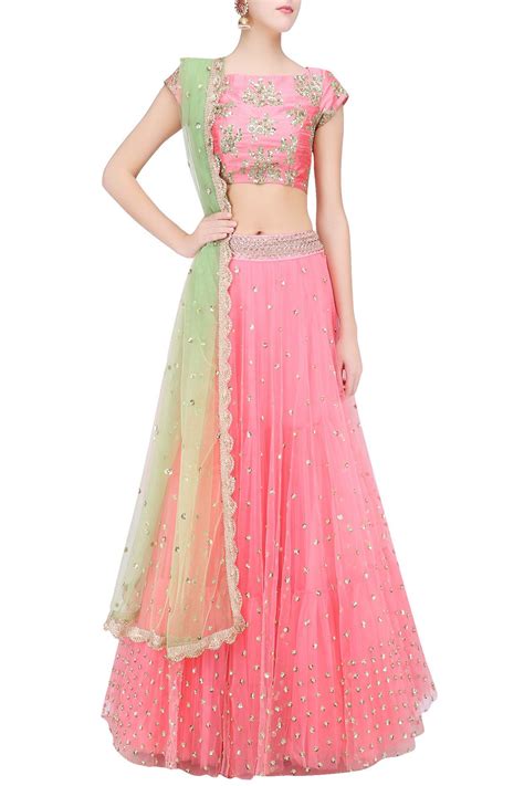 Baby Pink Floral Embroidered Lehenga Set With Pista Green Dupatta