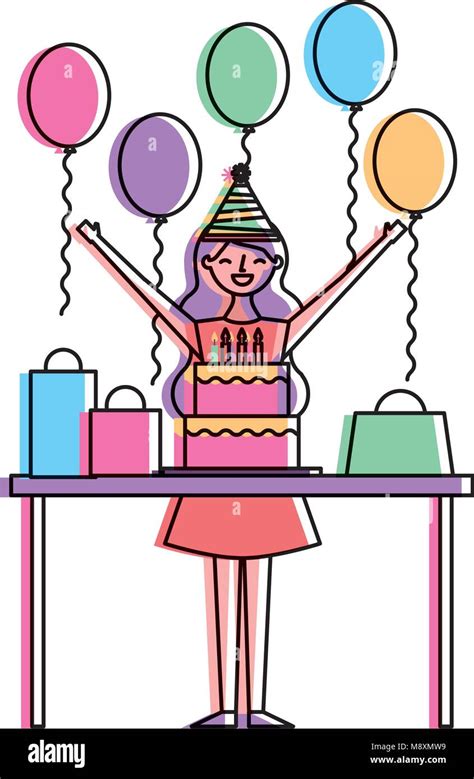 Happy Woman Celebrating Birthday Cake T Balloons Stock Vector Image