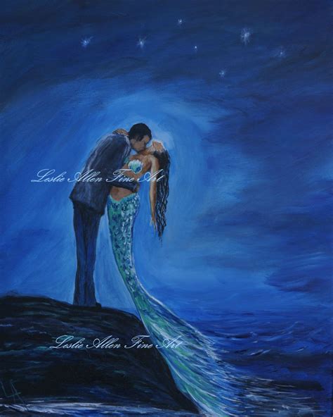 Couple Mermaid Painting Mermaids Man Kissing Romance In Love Woman