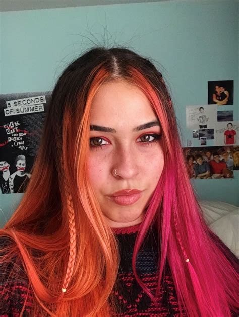 Half Pink Half Orange Split Hair With Cute Little Braids Half Colored
