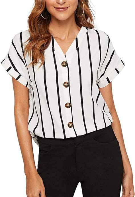 women casual v neck striped summer tops cuffed sleeve button down blouses shirts amazon ca