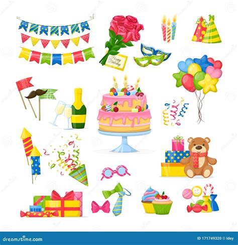 Celebration Birthday Party Decorations Set Cartoon Isolated Vector