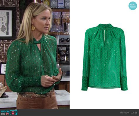 Wornontv Sharons Green Metallic Keyhole Blouse On The Young And The