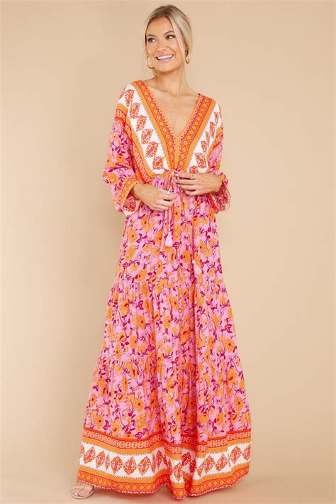 Pretty Pink And Orange Floral Dress Maxi Dresses Red Dress