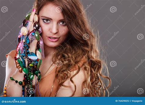 Pretty Woman With Jewelry Necklaces Ring Bracelets Stock Image Image