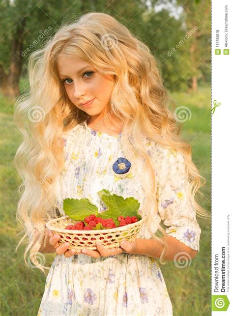 Beautiful Charming Long Curly Blonde Hair Teenage Girl Wearing A Stock