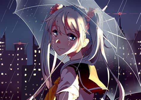 Tears Anime Girls Rain Umbrella Twintails School
