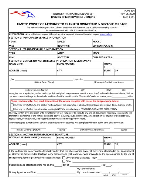 Free Kentucky Motor Vehicle Power Of Attorney Form Tc96‐336 Pdf Word