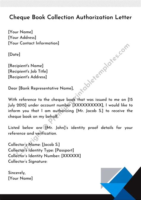 Authorization Letter To Collect Cheque Book Printable Template Pack Of 5