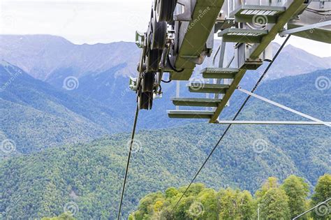 Lifts Of The Mountain Cable Car On The Background Of Mountains Stock
