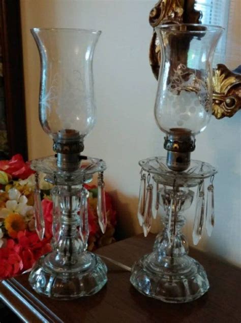 Vintage Crystal Hurricane Lamps With Prisms Featuring Etched Etsy Hurricane Lamps Vintage