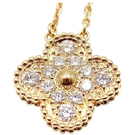 Van Cleef And Arpels Vintage Alhambra Diamond Gold Pendant Necklace At