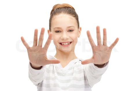 Bright Picture Of Happy Teenage Girl Showing Her Palms Stock Image