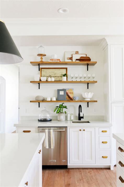 Sleek White Kitchen With Open Wood Shelves Hgtv