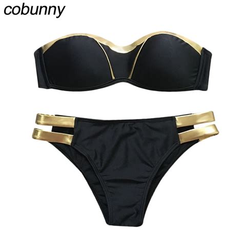 Cobunny Push Up Bikini Set Gold Stamping Swimwear Women Swimsuit Bandeau Bikinis Strapless