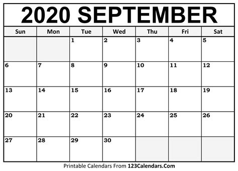 Printable September 2020 Calendar Templates