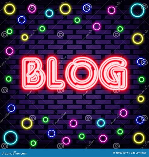 Blog Neon Sign On Brick Wall Background Night Bright Advertising Stock Vector Illustration