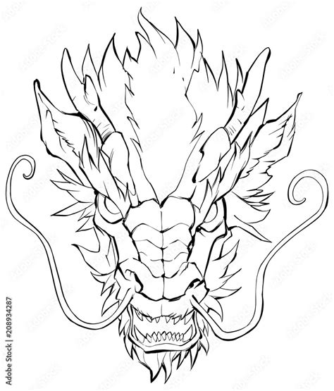 Chinese Dragon Head Hand Drawn Illustration Of Chinese Dragon In Black And White Stock Vector