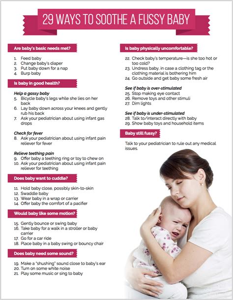 Sense of quiet, comfort, mollify is first recorded 1690s, via notion of to assuage one by asserting that what he says is true (i.e. 29 Ways to Soothe a Fussy Baby (with printable checklist!) - Pick Any Two