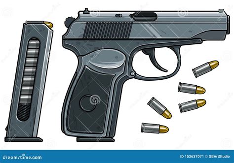 Graphic Detailed Handgun Pistol With Ammo Clip Cartoon Vector