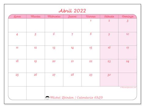 Calendario Abril De 2022 Para Imprimir “63ld” Michel Zbinden Es